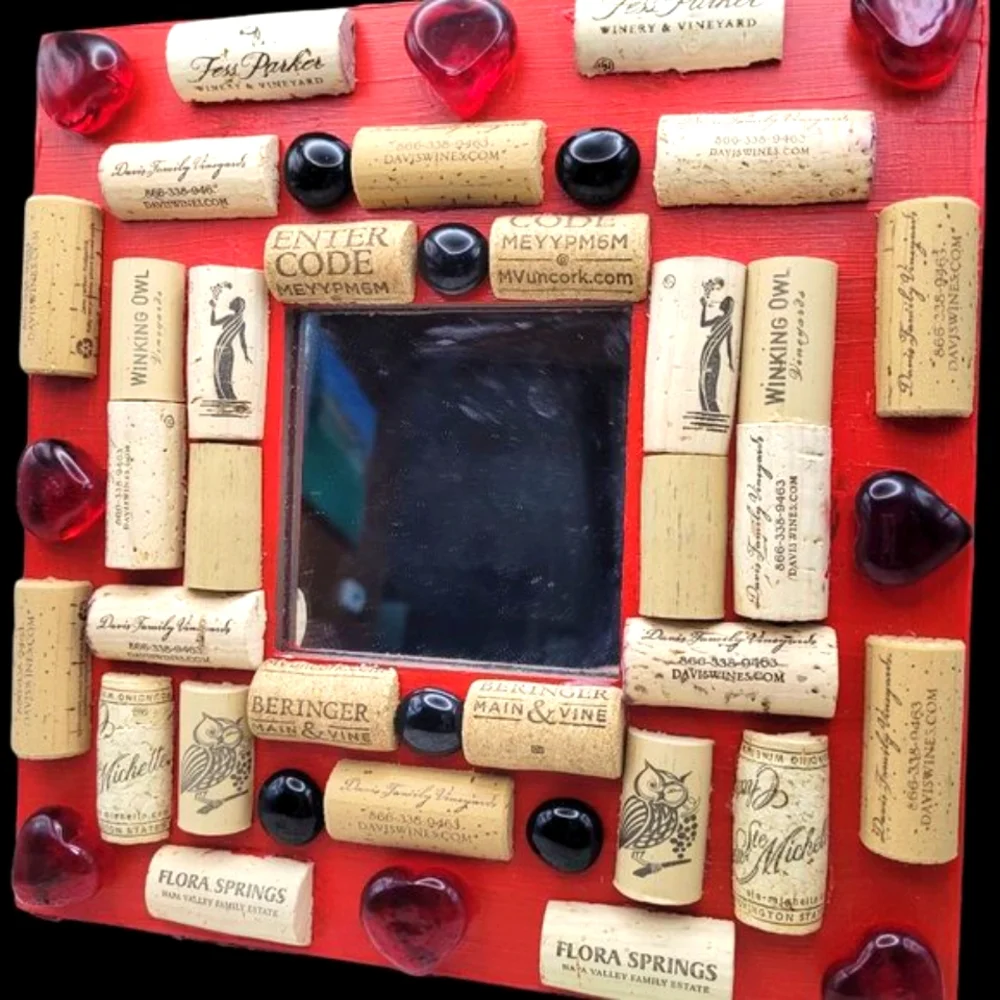Red Heart and Red Glass Cabochons Mirror Decor with Wine Cork-NWT-Handmade